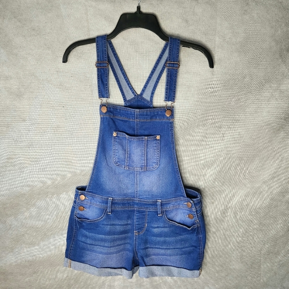 No Boundaries Juniors' Denim Cuffed Shortall Classic Blue Wash Cotton Blend - Picture 1 of 11